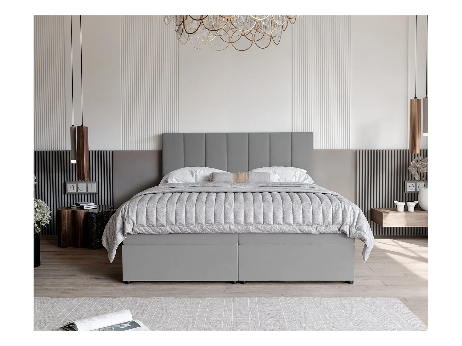 Lit continental rembourré avec surmatelas, gris clair - 180x200 - ZELTO