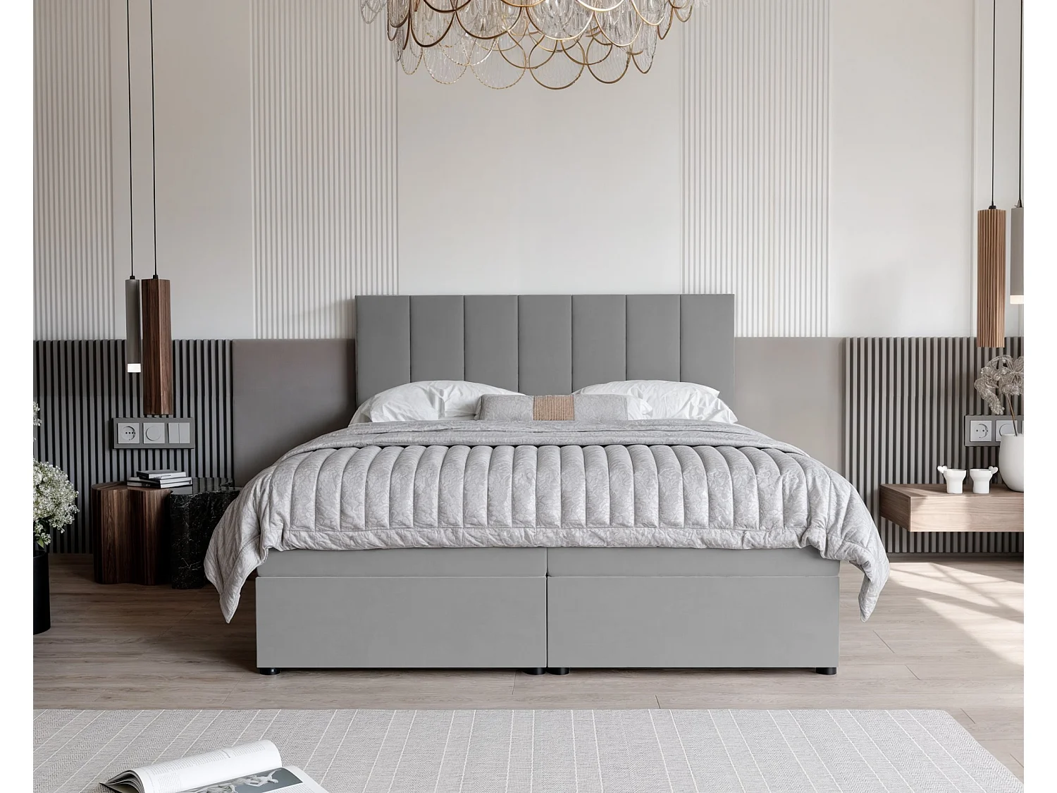 Lit continental rembourré avec surmatelas, gris clair - 180x200 - ZELTO