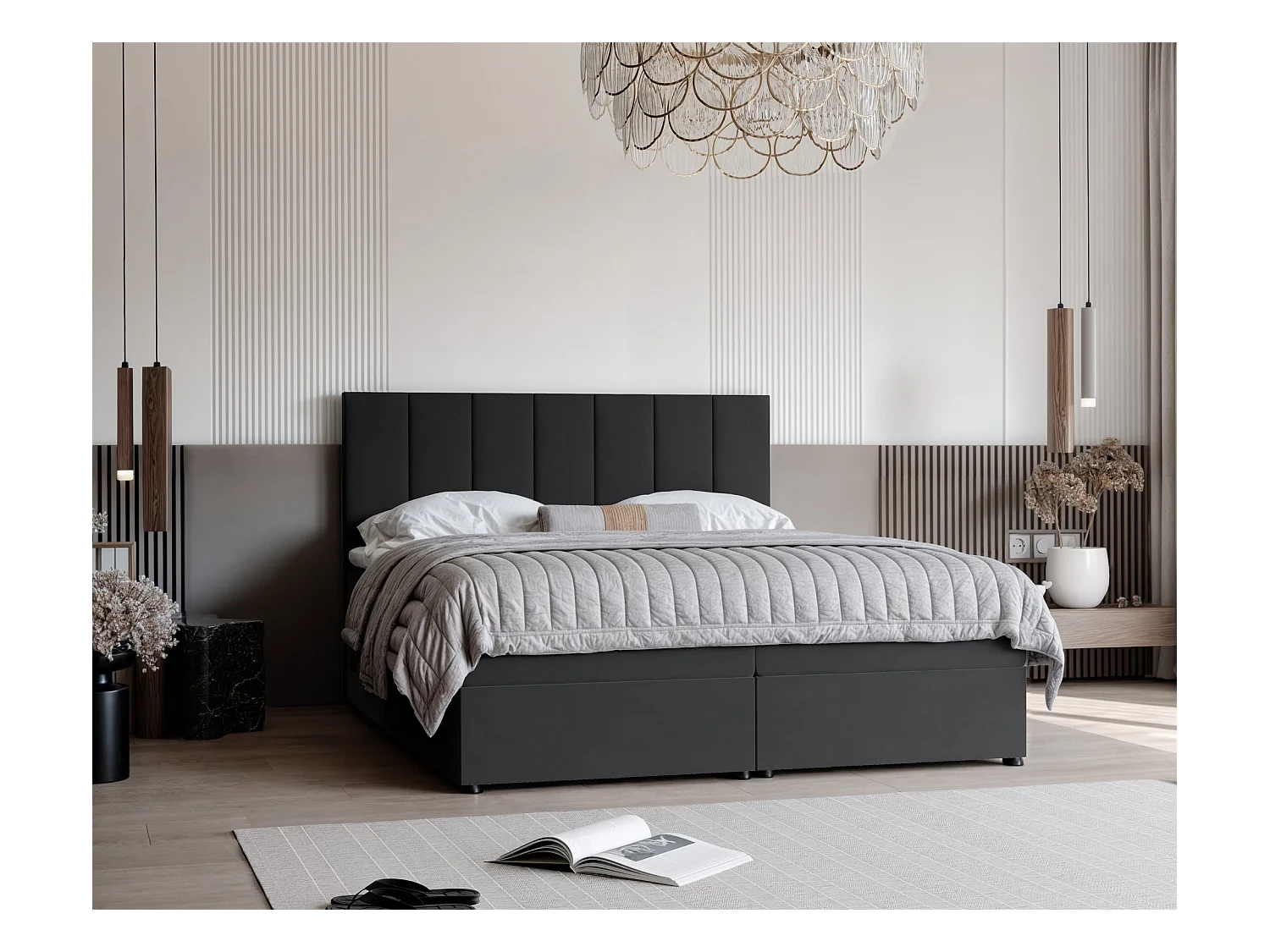 Lit continental rembourré avec surmatelas, noir - 140x200 - ZELTO