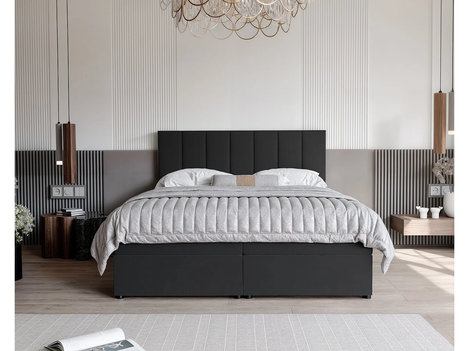 Lit continental rembourré avec surmatelas, noir - 140x200 - ZELTO