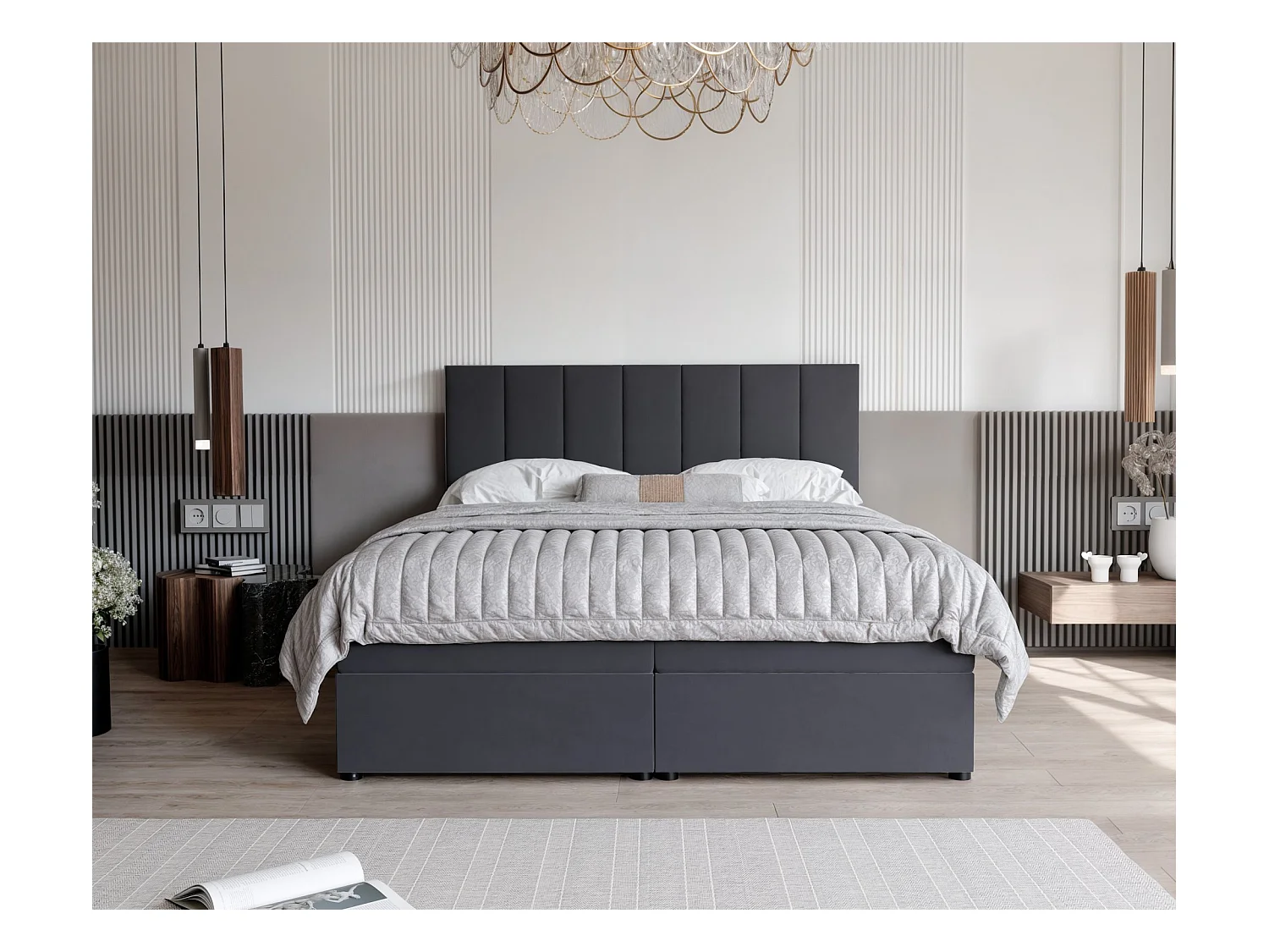 Lit continental rembourré avec surmatelas, gris anthracite - 200x200 - ZELTO
