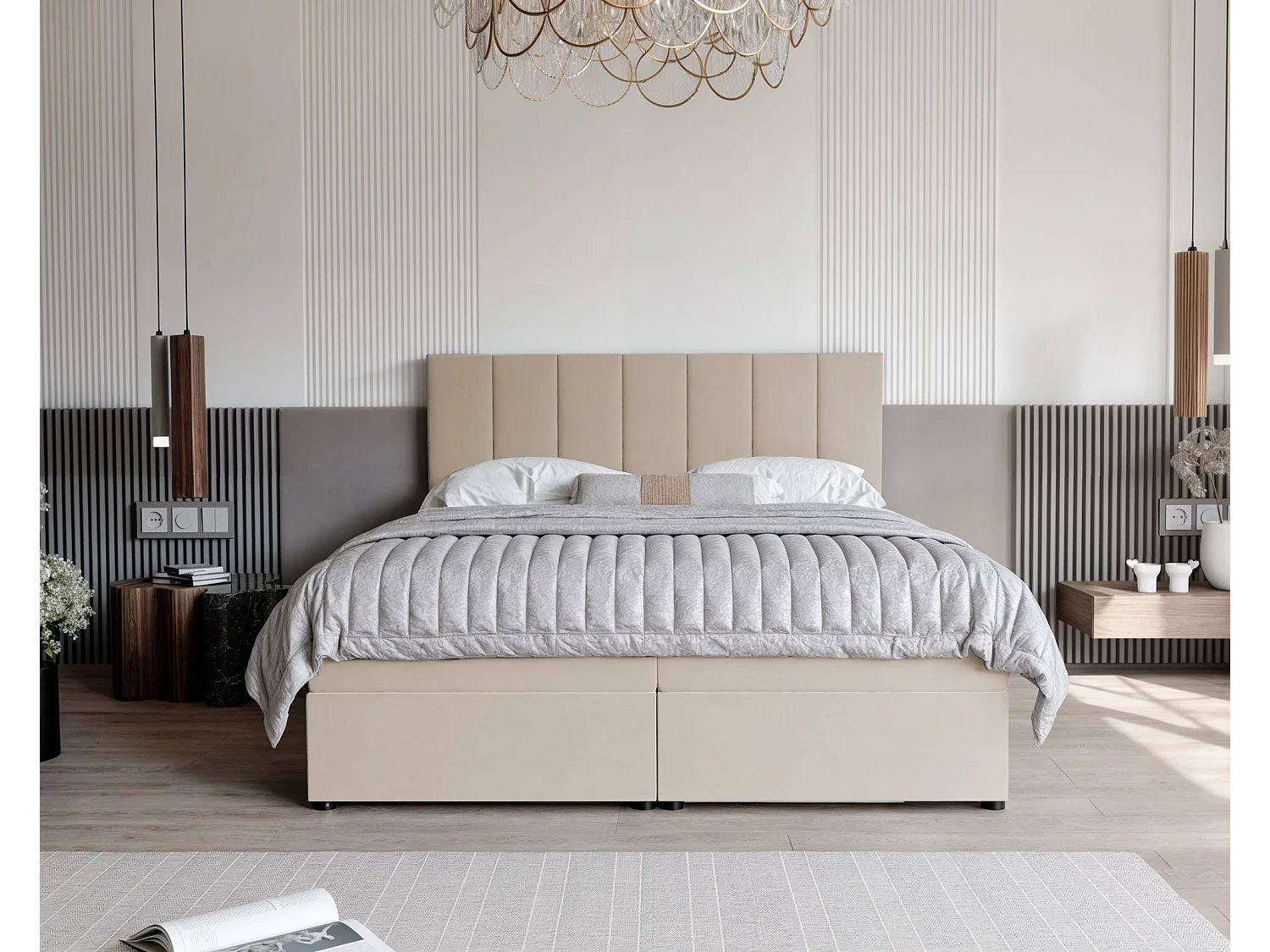 Lit continental rembourré avec surmatelas, crème - 180x200 - ZELTO