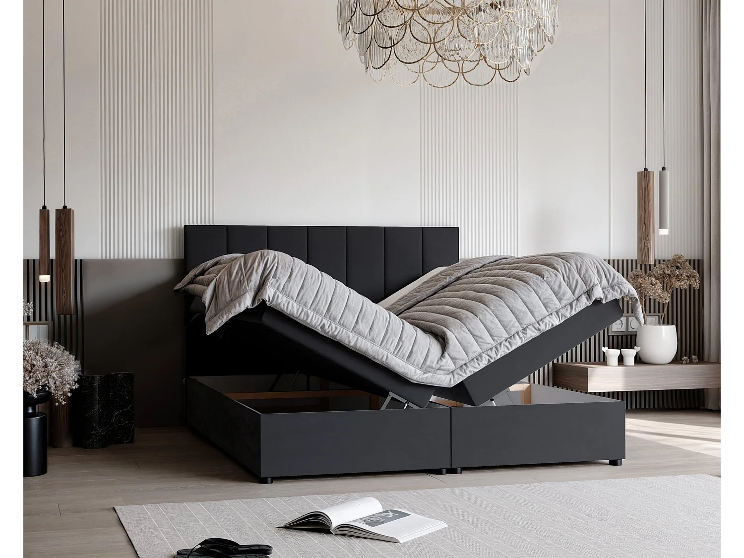 Lit continental rembourré avec surmatelas, noir - 180x200 - ZELTO
