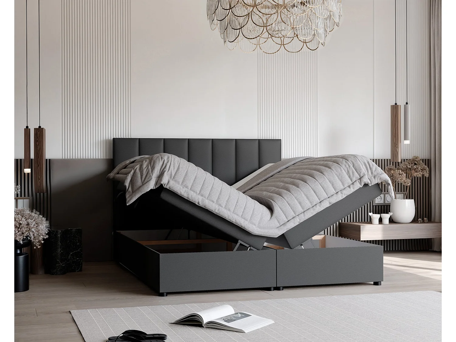 Lit continental rembourré avec surmatelas, noir  - 160x200 - ZELTO