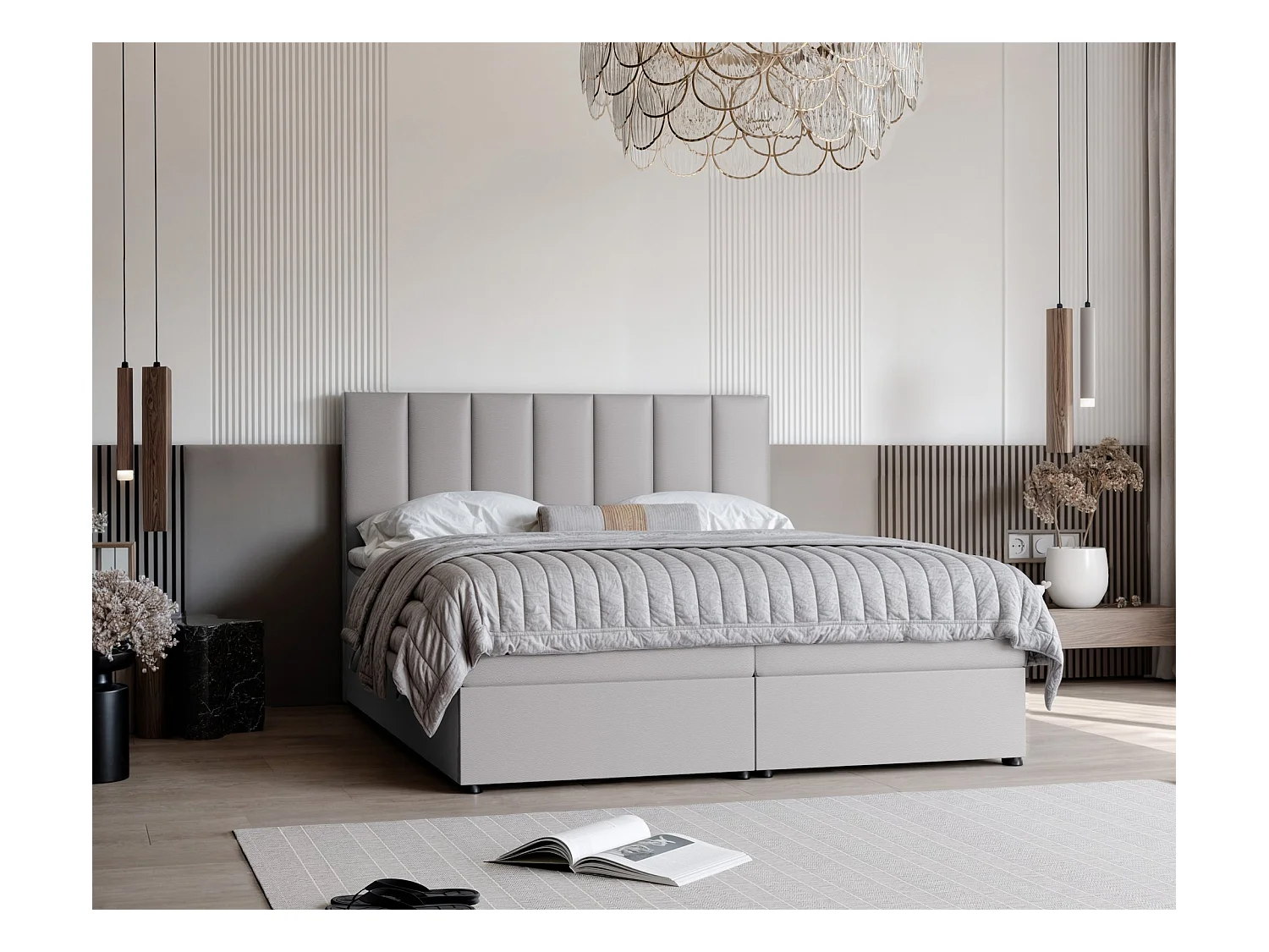 Lit continental rembourré avec surmatelas, gris  - 200x200 - ZELTO