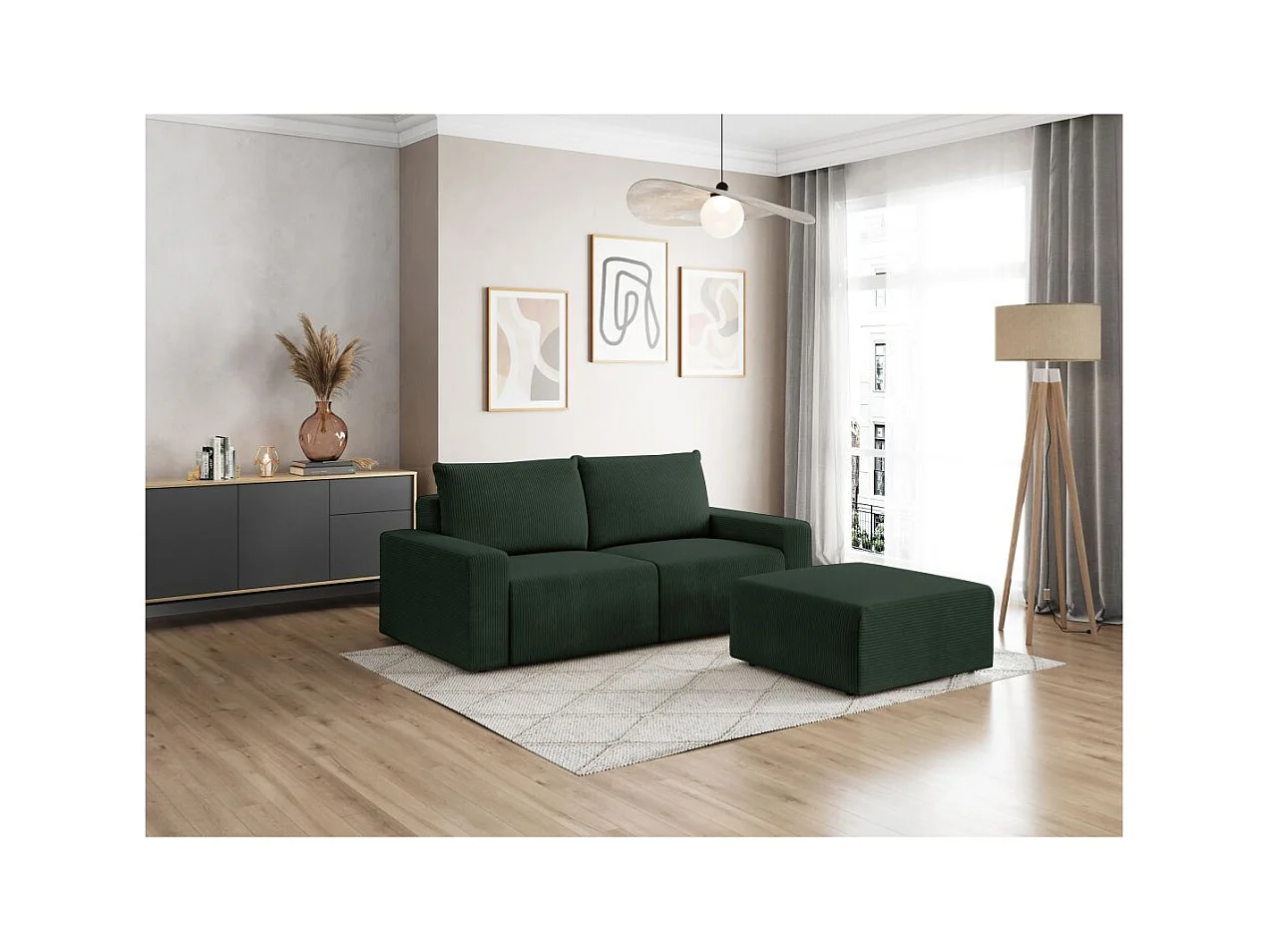 PACK - Canapé droit fixe 2 places ROMANE avec pouf en velours côtelé - Vert foncé