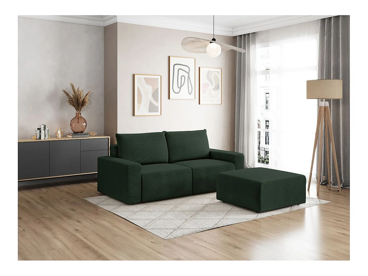 PACK - Canapé droit fixe 2 places ROMANE avec pouf en velours côtelé - Vert foncé