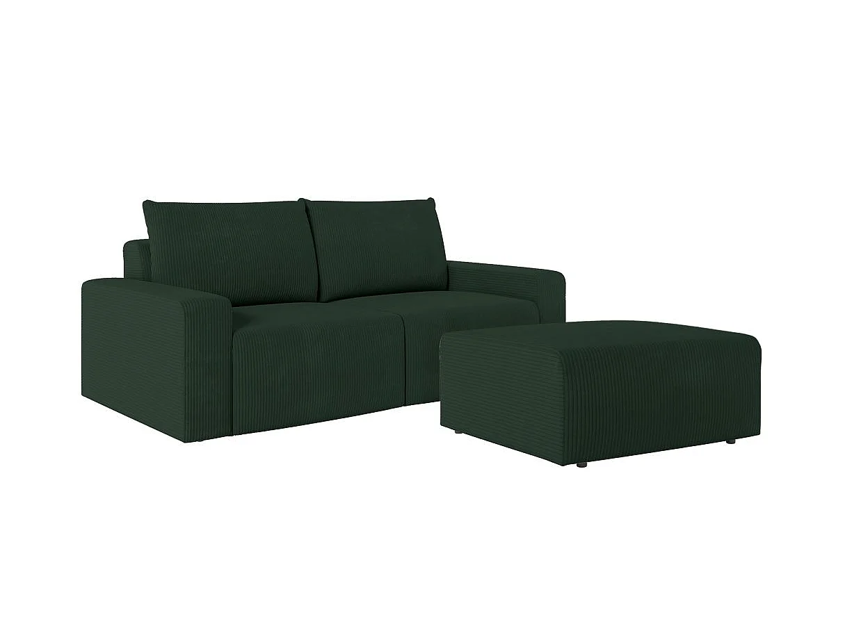 PACK - Canapé droit fixe 2 places ROMANE avec pouf en velours côtelé - Vert foncé