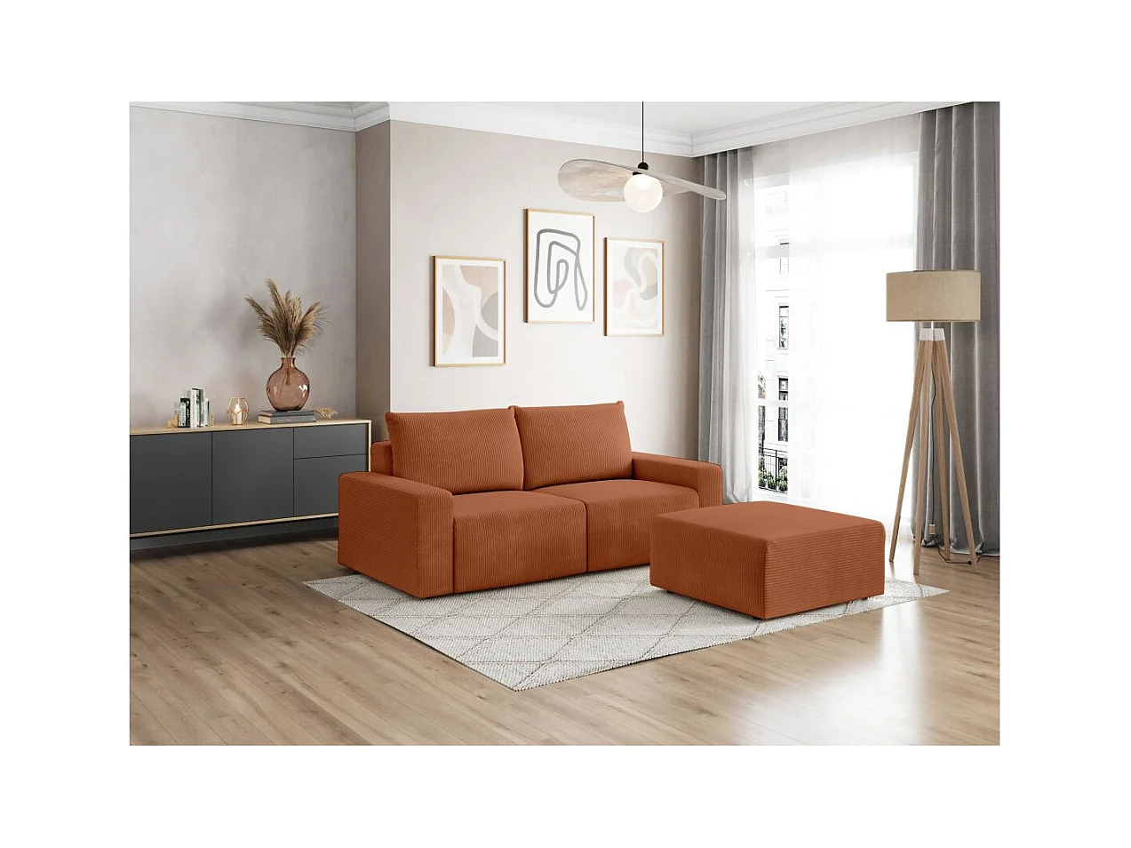 PACK - Canapé droit fixe 2 places ROMANE avec pouf en velours côtelé - Terracotta