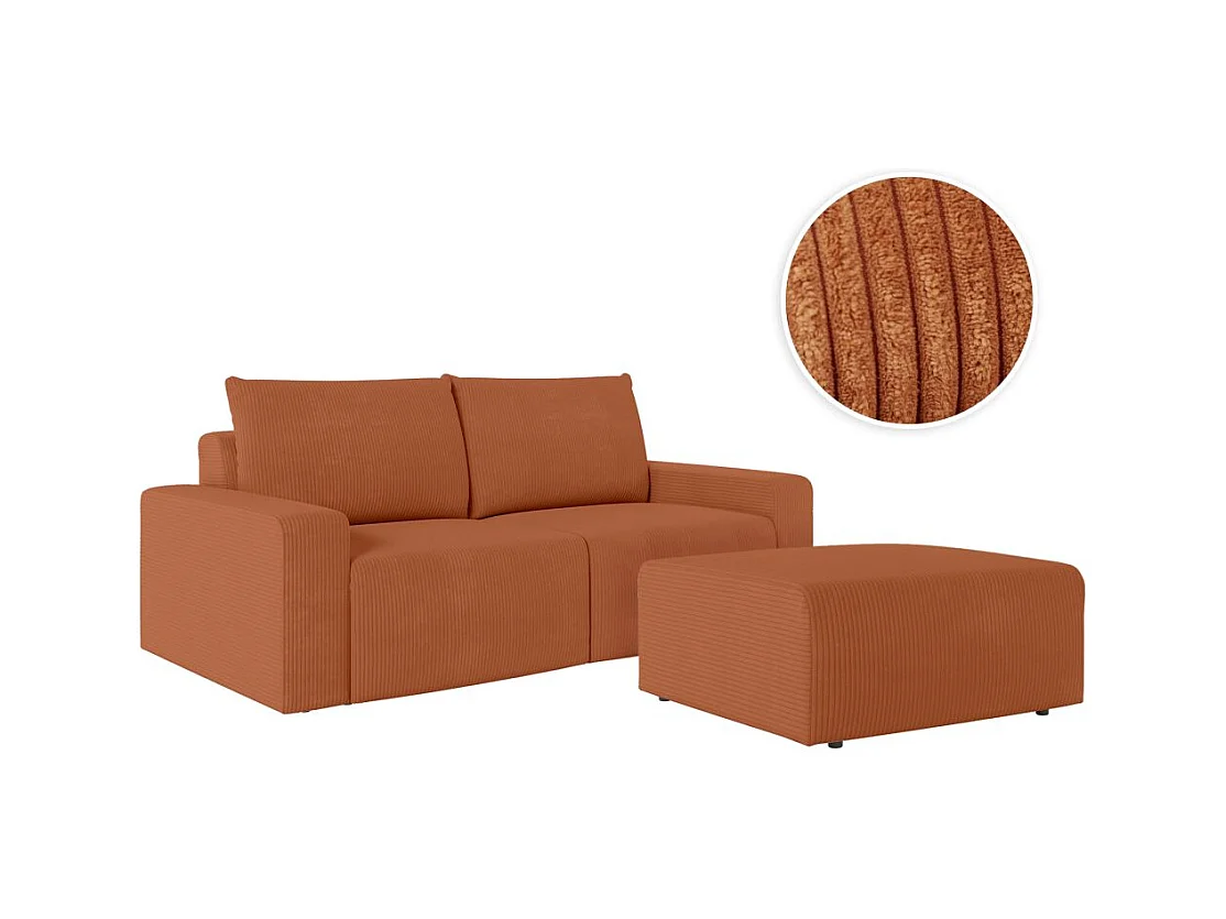 PACK - Canapé droit fixe 2 places ROMANE avec pouf en velours côtelé - Terracotta