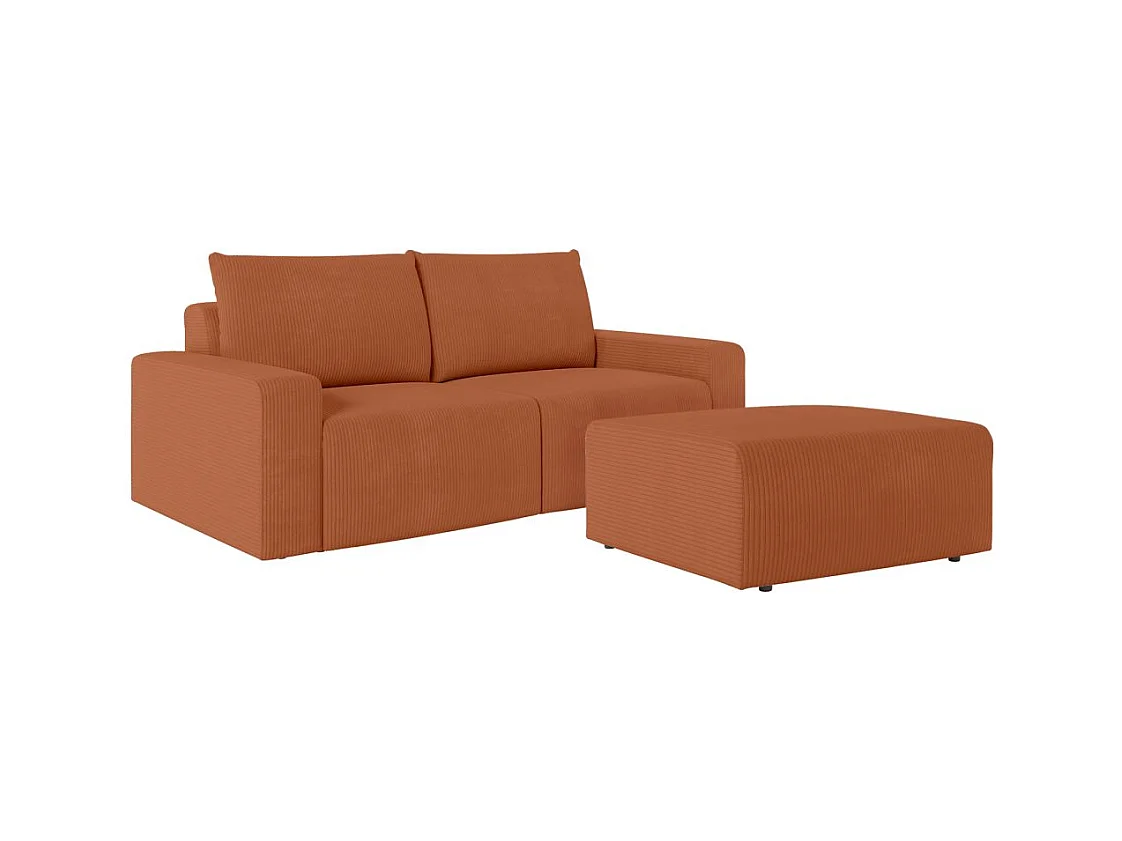 PACK - Canapé droit fixe 2 places ROMANE avec pouf en velours côtelé - Terracotta