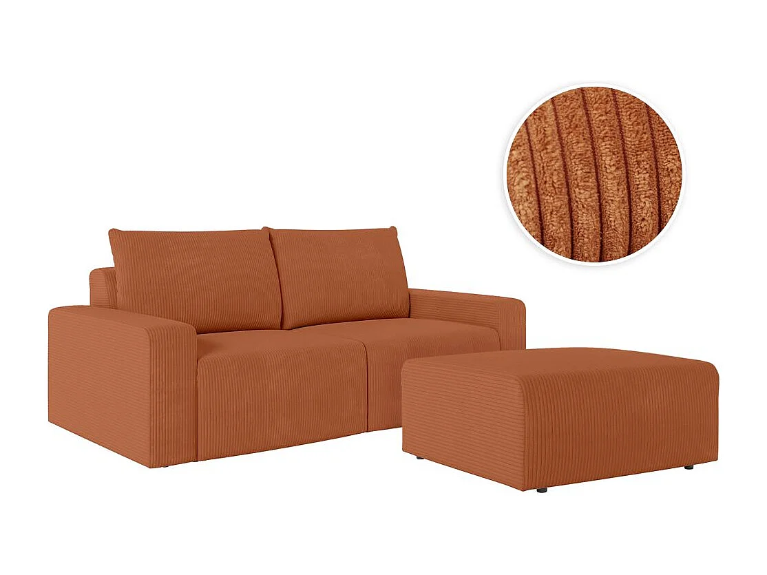PACK - Canapé droit fixe 2 places ROMANE avec pouf en velours côtelé - Terracotta