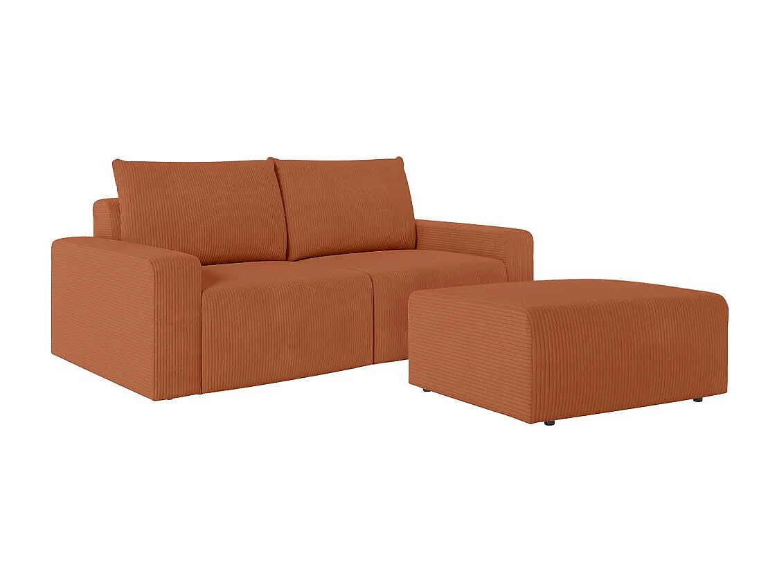 PACK - Canapé droit fixe 2 places ROMANE avec pouf en velours côtelé - Terracotta