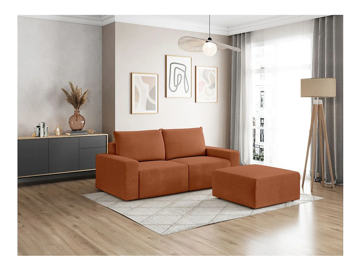 PACK - Canapé droit fixe 2 places ROMANE avec pouf en velours côtelé - Terracotta