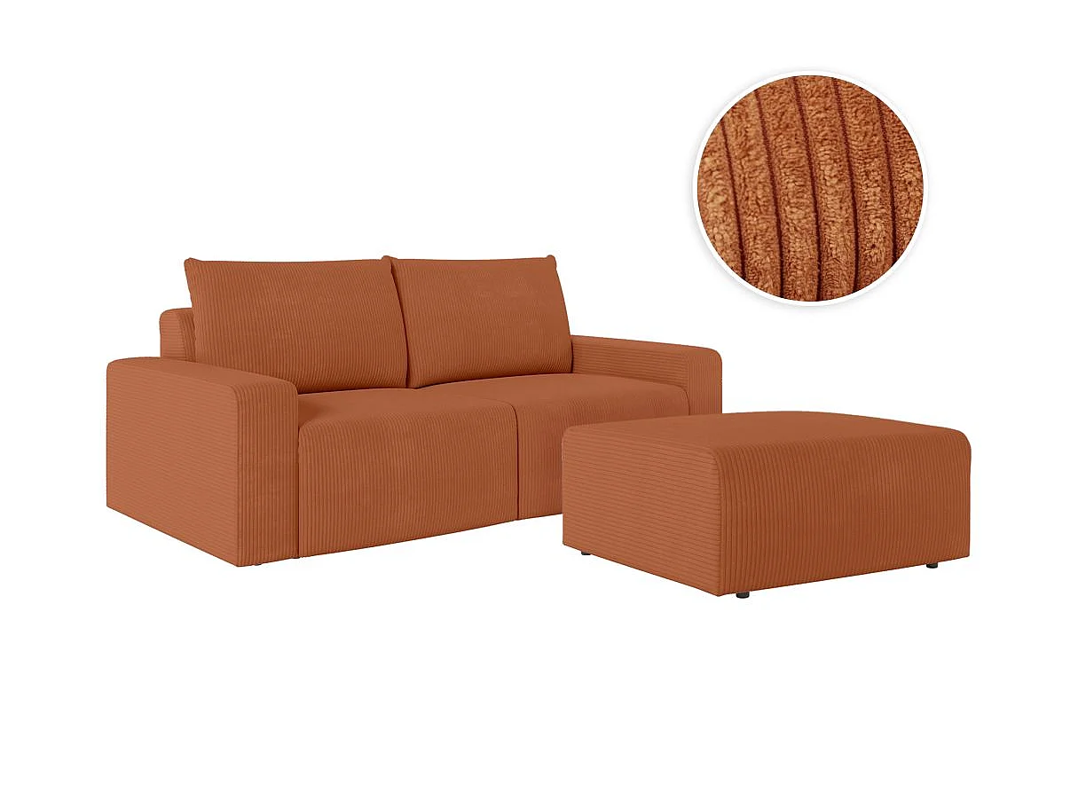 PACK - Canapé droit fixe 2 places ROMANE avec pouf en velours côtelé - Terracotta