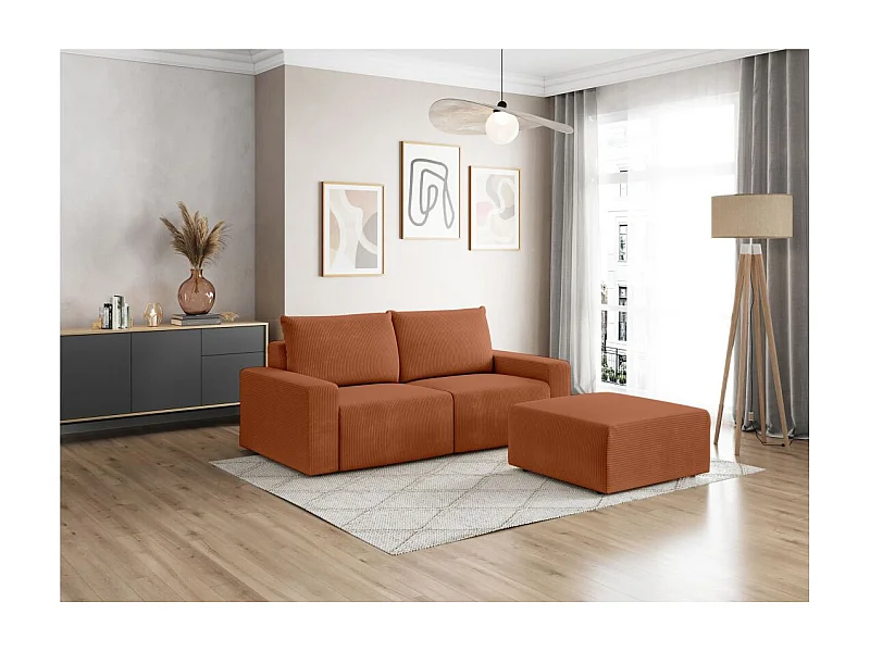 PACK - Canapé droit fixe 2 places ROMANE avec pouf en velours côtelé - Terracotta
