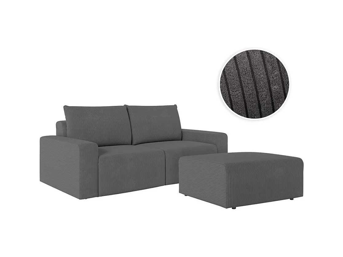 PACK - Canapé droit fixe 2 places ROMANE avec pouf en velours côtelé - Gris