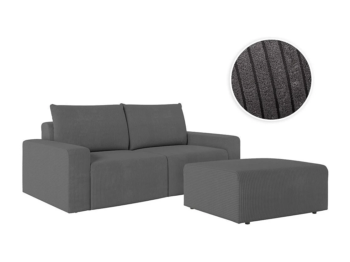PACK - Canapé droit fixe 2 places ROMANE avec pouf en velours côtelé - Gris