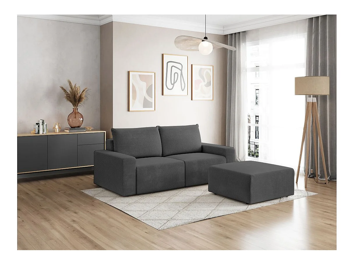 PACK - Canapé droit fixe 2 places ROMANE avec pouf en velours côtelé - Gris