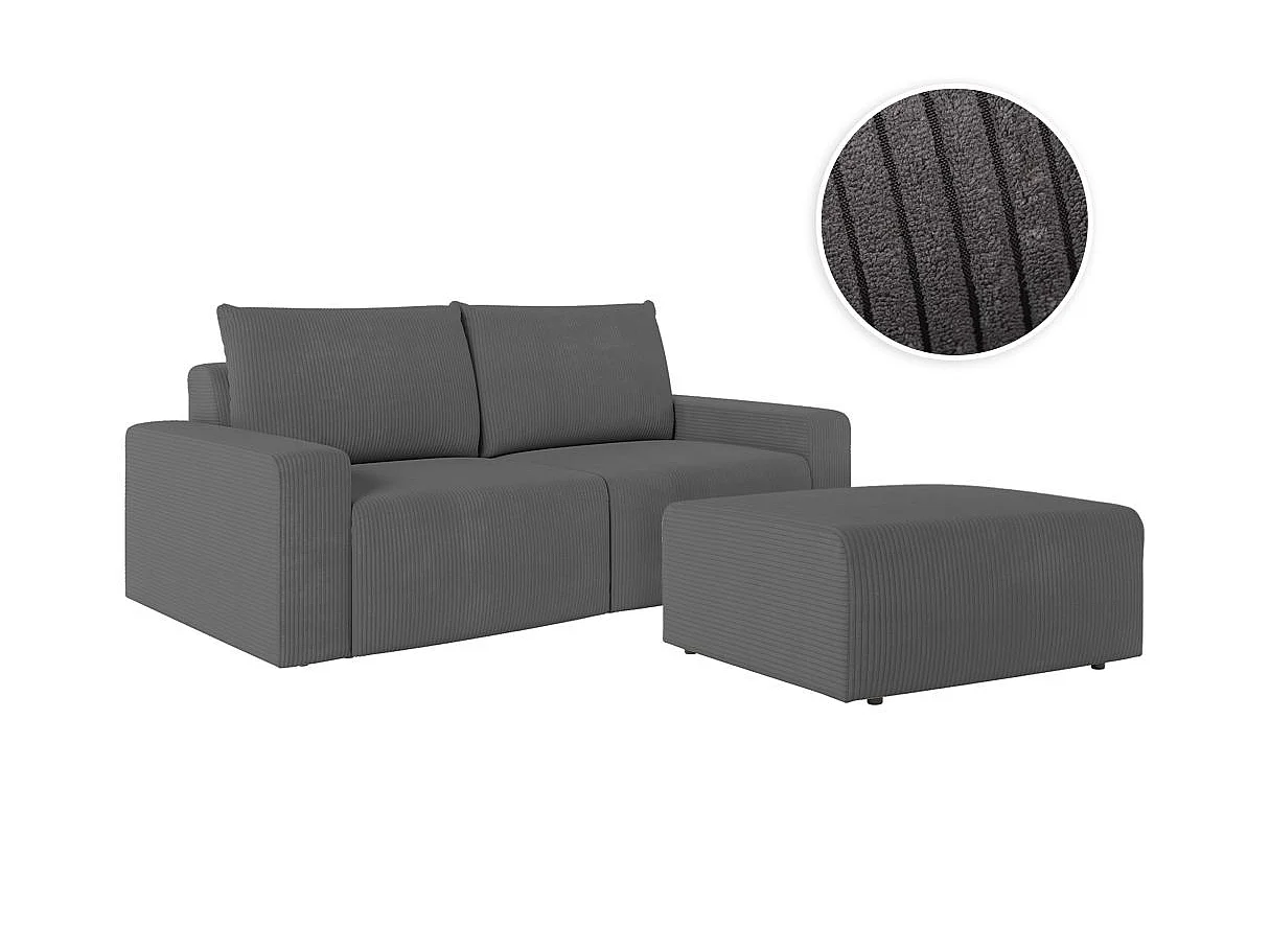 PACK - Canapé droit fixe 2 places ROMANE avec pouf en velours côtelé - Gris