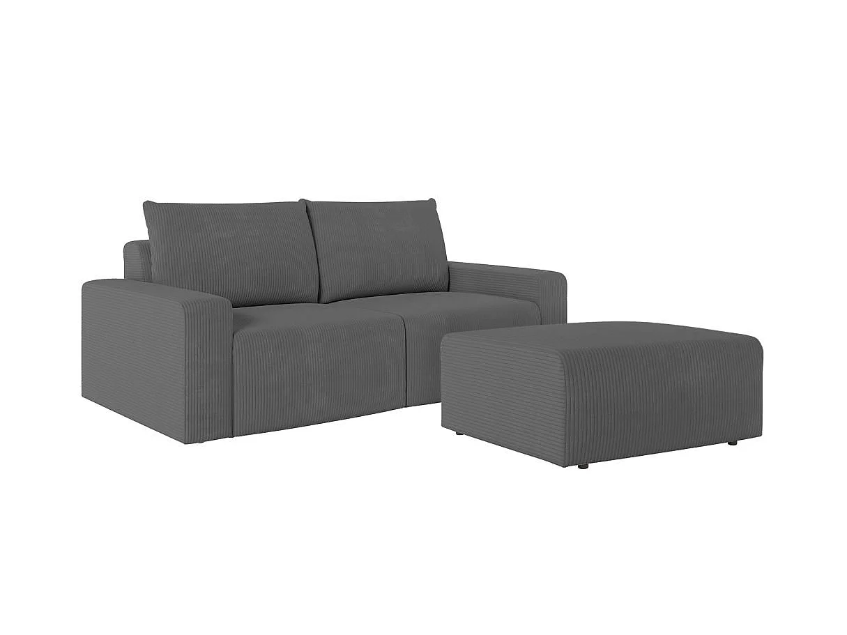 PACK - Canapé droit fixe 2 places ROMANE avec pouf en velours côtelé - Gris