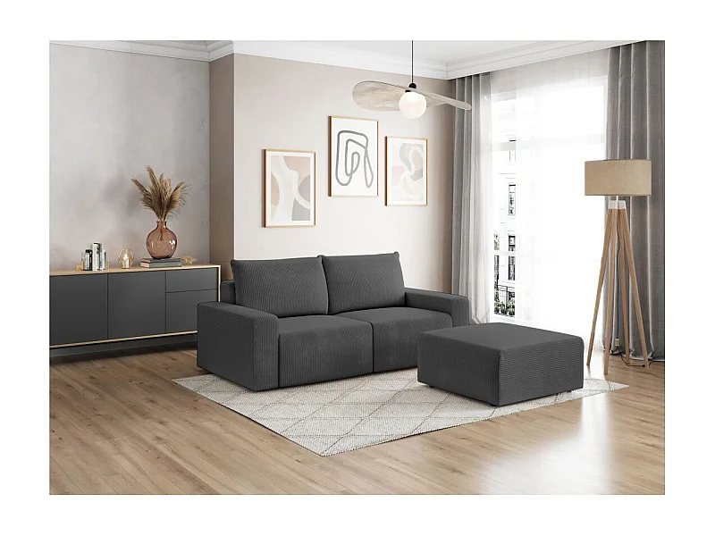 PACK - Canapé droit fixe 2 places ROMANE avec pouf en velours côtelé - Gris