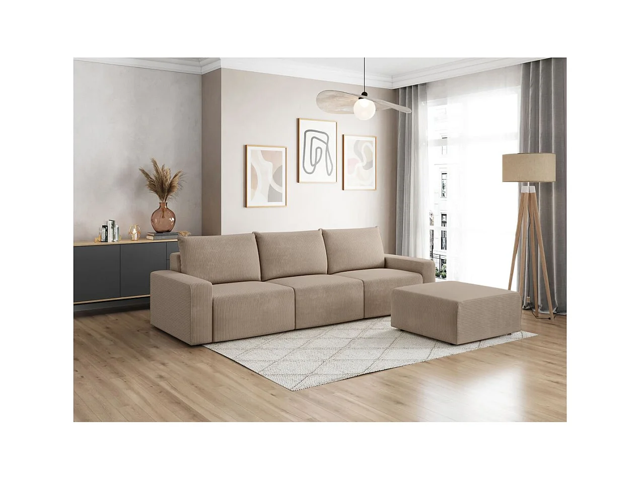 PACK - Canapé droit fixe 3 places ROMANE avec pouf en velours côtelé - Taupe