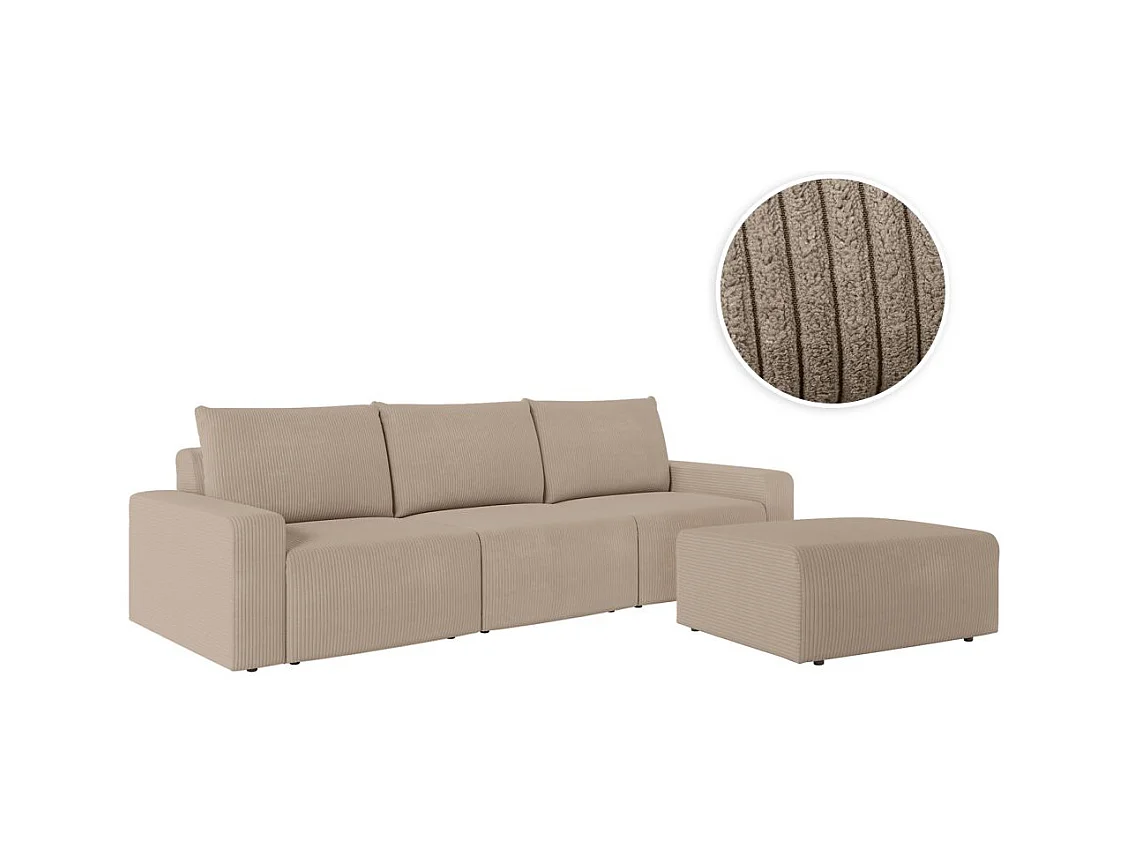 PACK - Canapé droit fixe 3 places ROMANE avec pouf en velours côtelé - Taupe