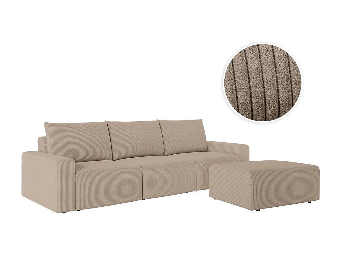 PACK - Canapé droit fixe 3 places ROMANE avec pouf en velours côtelé - Taupe