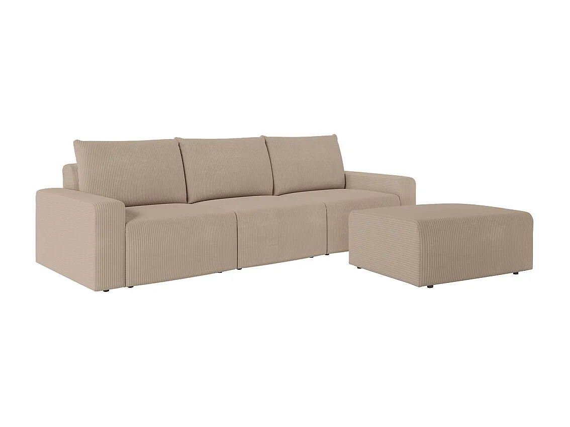 PACK - Canapé droit fixe 3 places ROMANE avec pouf en velours côtelé - Taupe