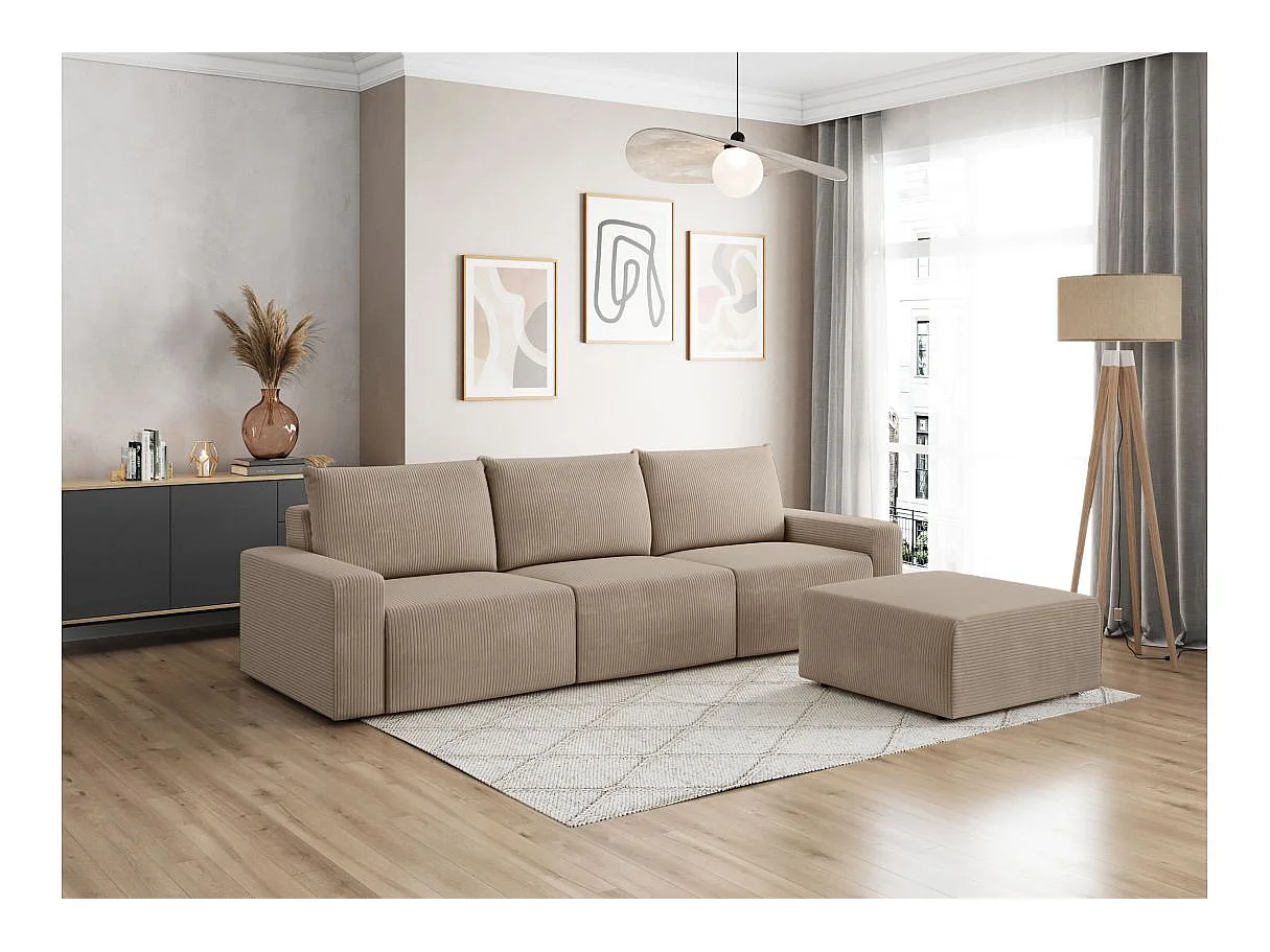 PACK - Canapé droit fixe 3 places ROMANE avec pouf en velours côtelé - Taupe