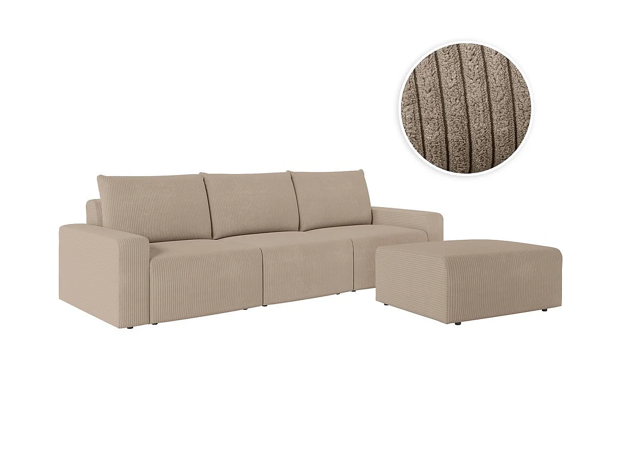 PACK - Canapé droit fixe 3 places ROMANE avec pouf en velours côtelé - Taupe