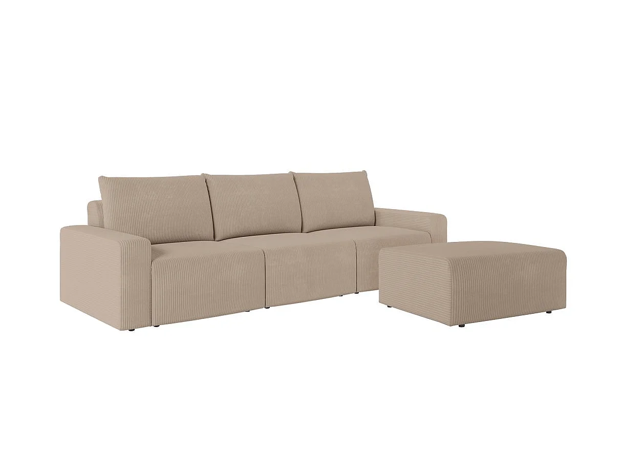 PACK - Canapé droit fixe 3 places ROMANE avec pouf en velours côtelé - Taupe