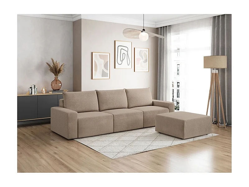 PACK - Canapé droit fixe 3 places ROMANE avec pouf en velours côtelé - Taupe