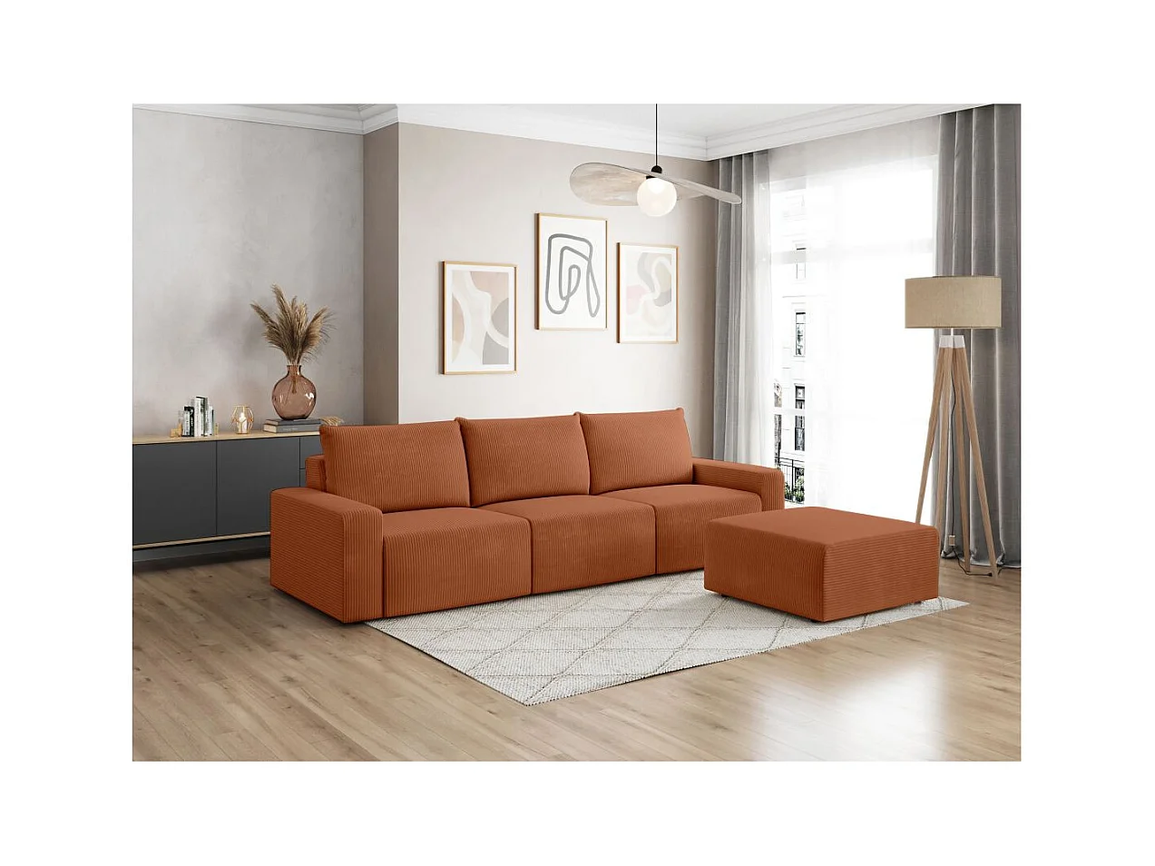 PACK - Canapé droit fixe 3 places ROMANE avec pouf en velours côtelé - Terracotta
