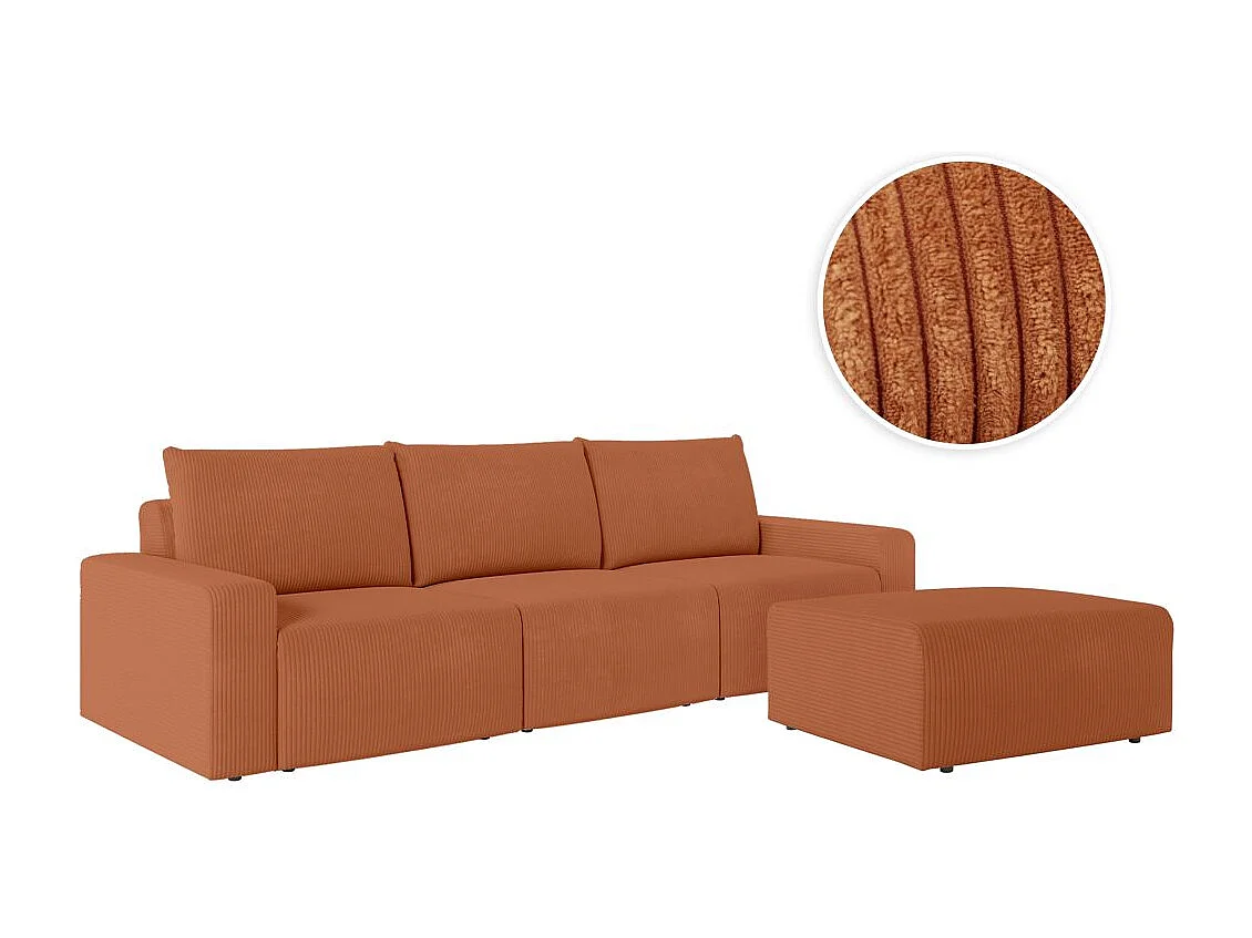 PACK - Canapé droit fixe 3 places ROMANE avec pouf en velours côtelé - Terracotta