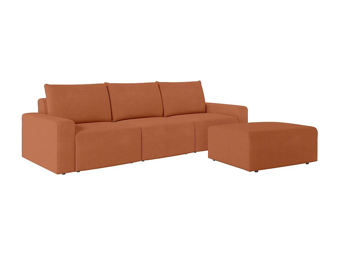 PACK - Canapé droit fixe 3 places ROMANE avec pouf en velours côtelé - Terracotta