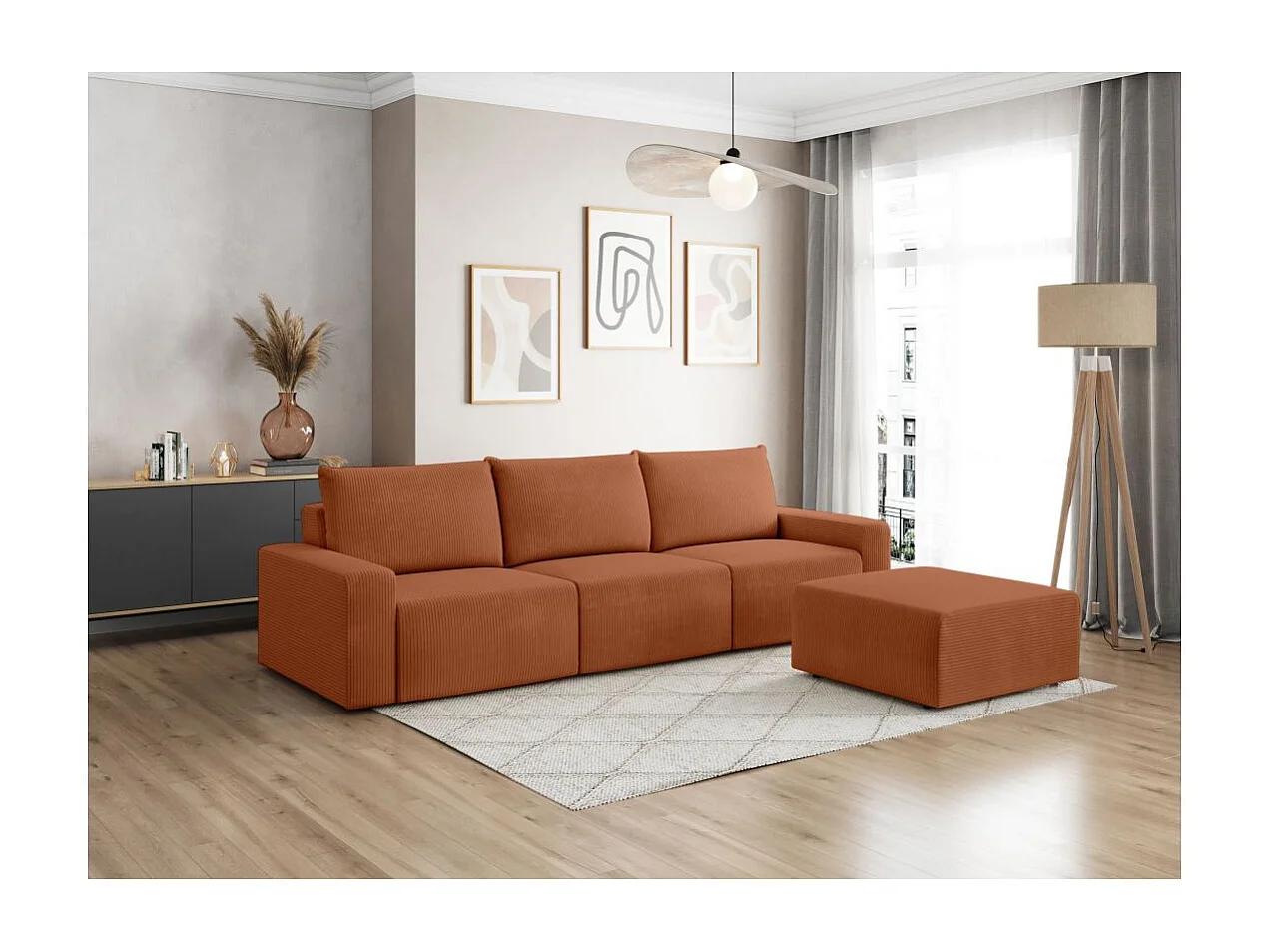 PACK - Canapé droit fixe 3 places ROMANE avec pouf en velours côtelé - Terracotta
