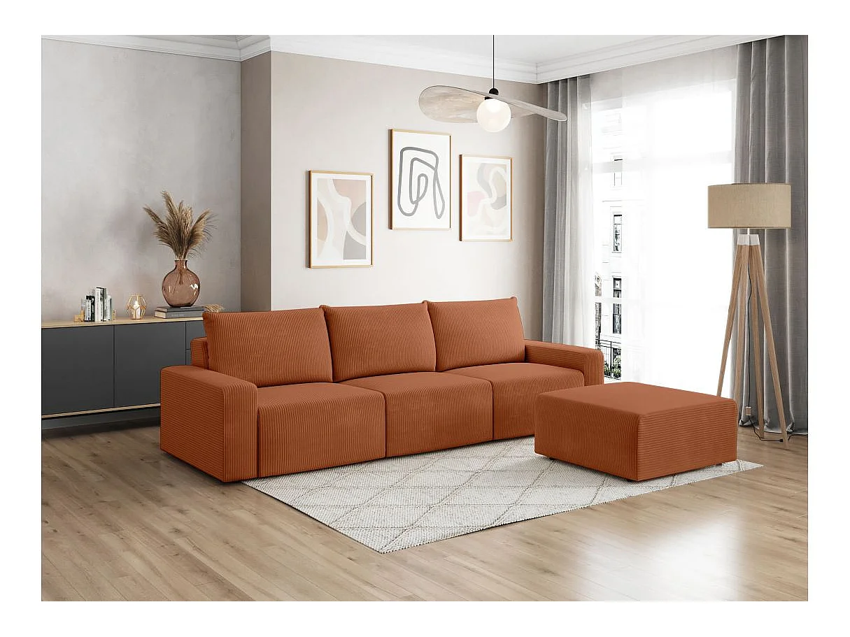 PACK - Canapé droit fixe 3 places ROMANE avec pouf en velours côtelé - Terracotta