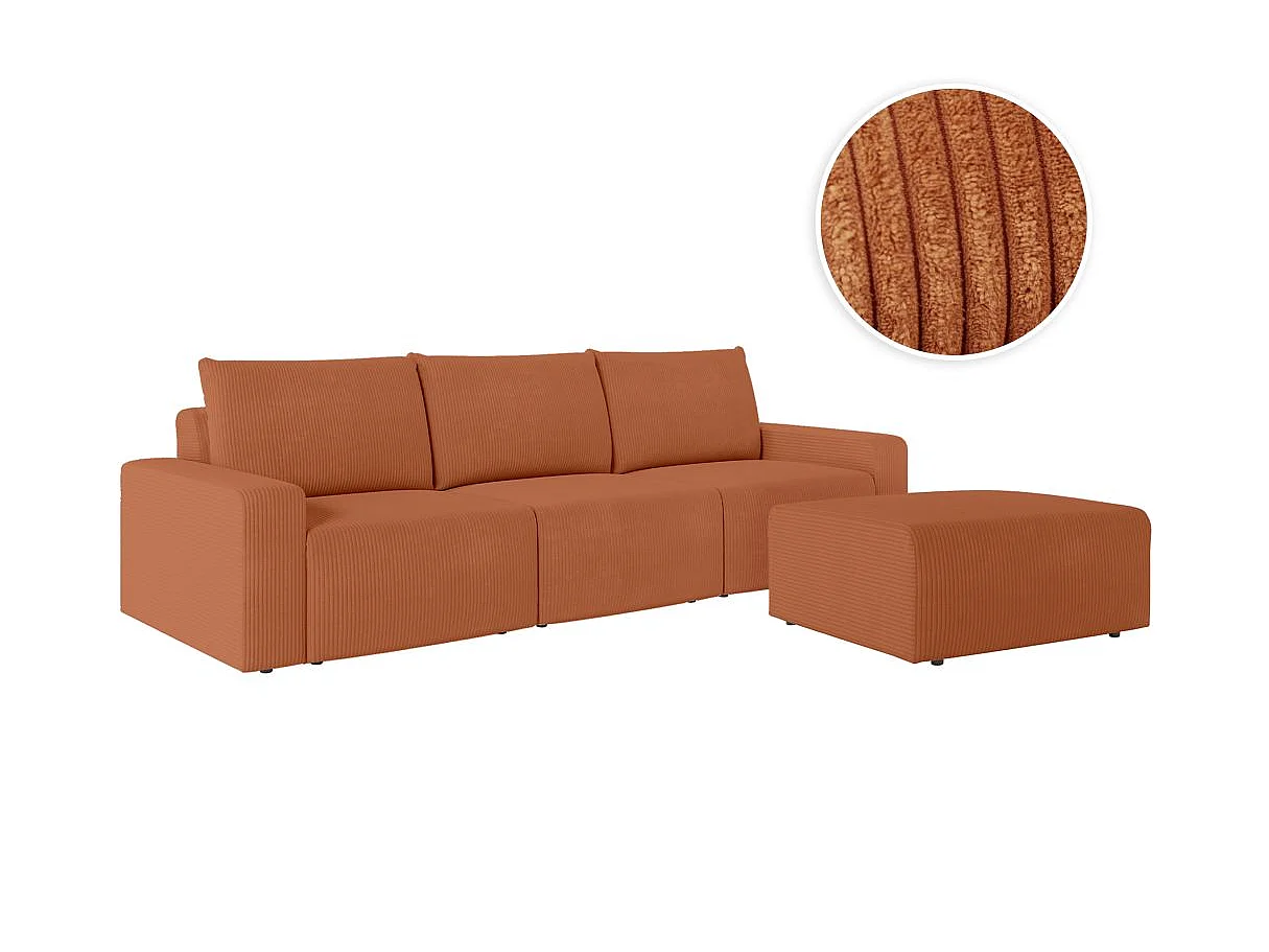 PACK - Canapé droit fixe 3 places ROMANE avec pouf en velours côtelé - Terracotta