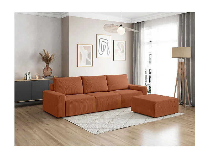 PACK - Canapé droit fixe 3 places ROMANE avec pouf en velours côtelé - Terracotta