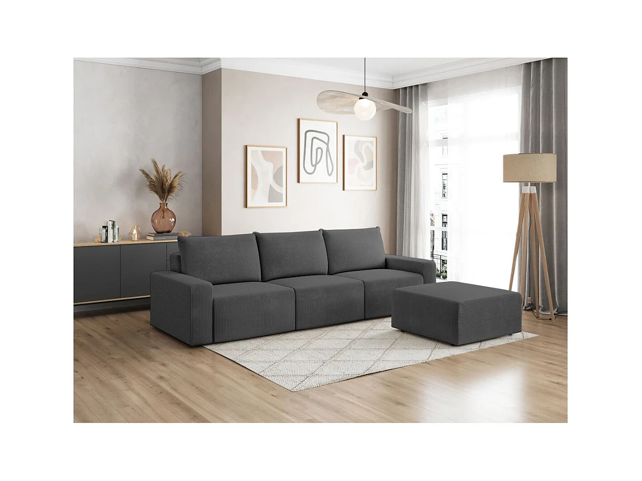 PACK - Canapé droit fixe 3 places ROMANE avec pouf en velours côtelé - Gris