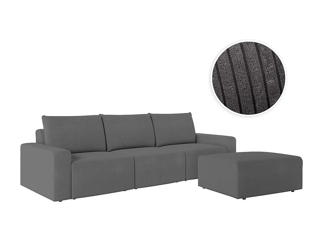 PACK - Canapé droit fixe 3 places ROMANE avec pouf en velours côtelé - Gris