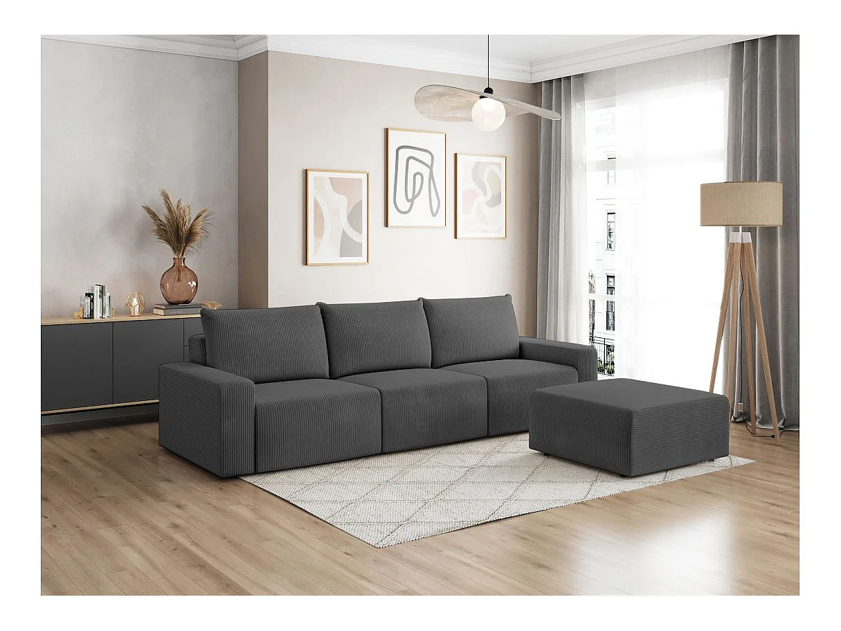PACK - Canapé droit fixe 3 places ROMANE avec pouf en velours côtelé - Gris