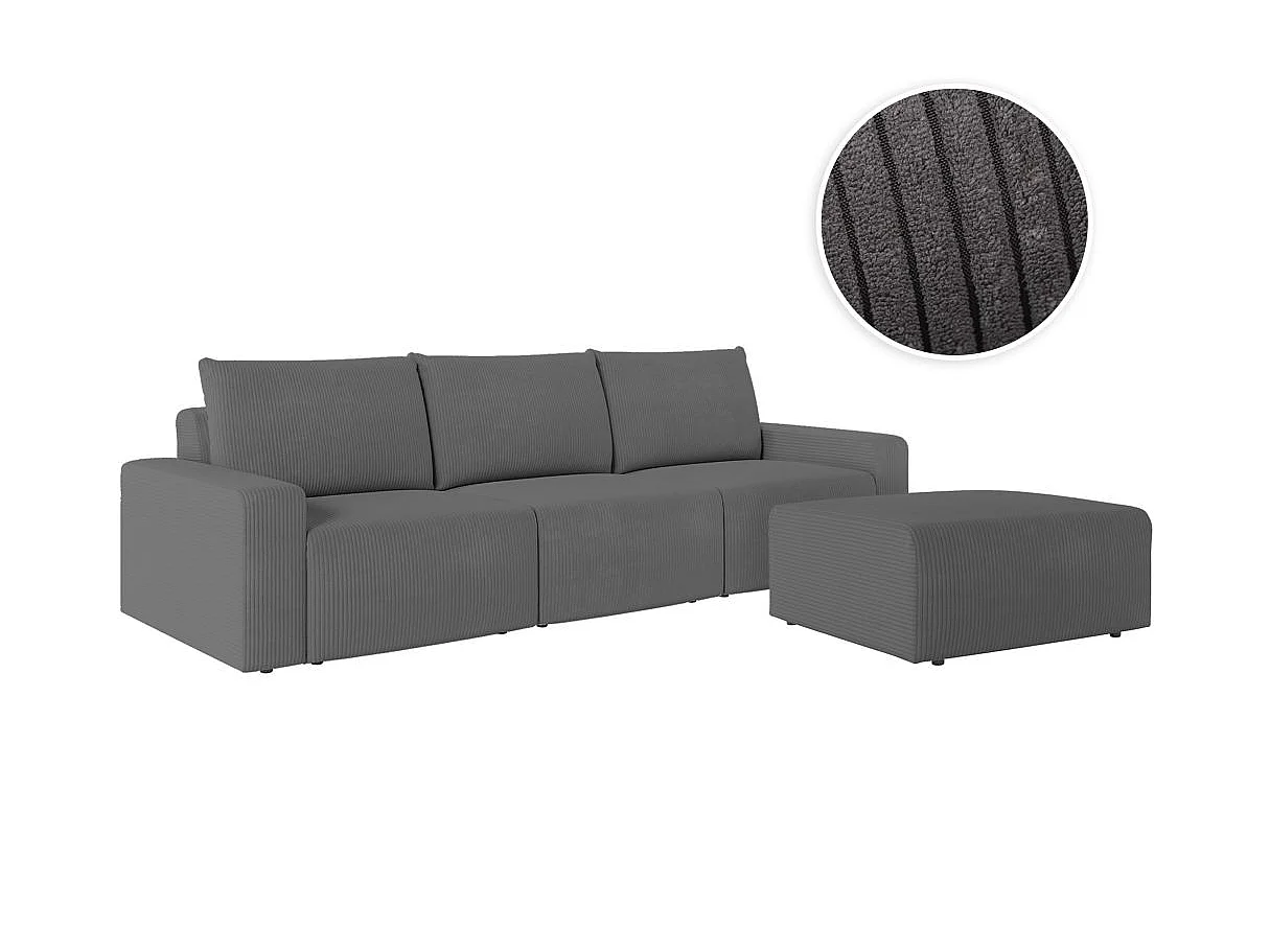 PACK - Canapé droit fixe 3 places ROMANE avec pouf en velours côtelé - Gris