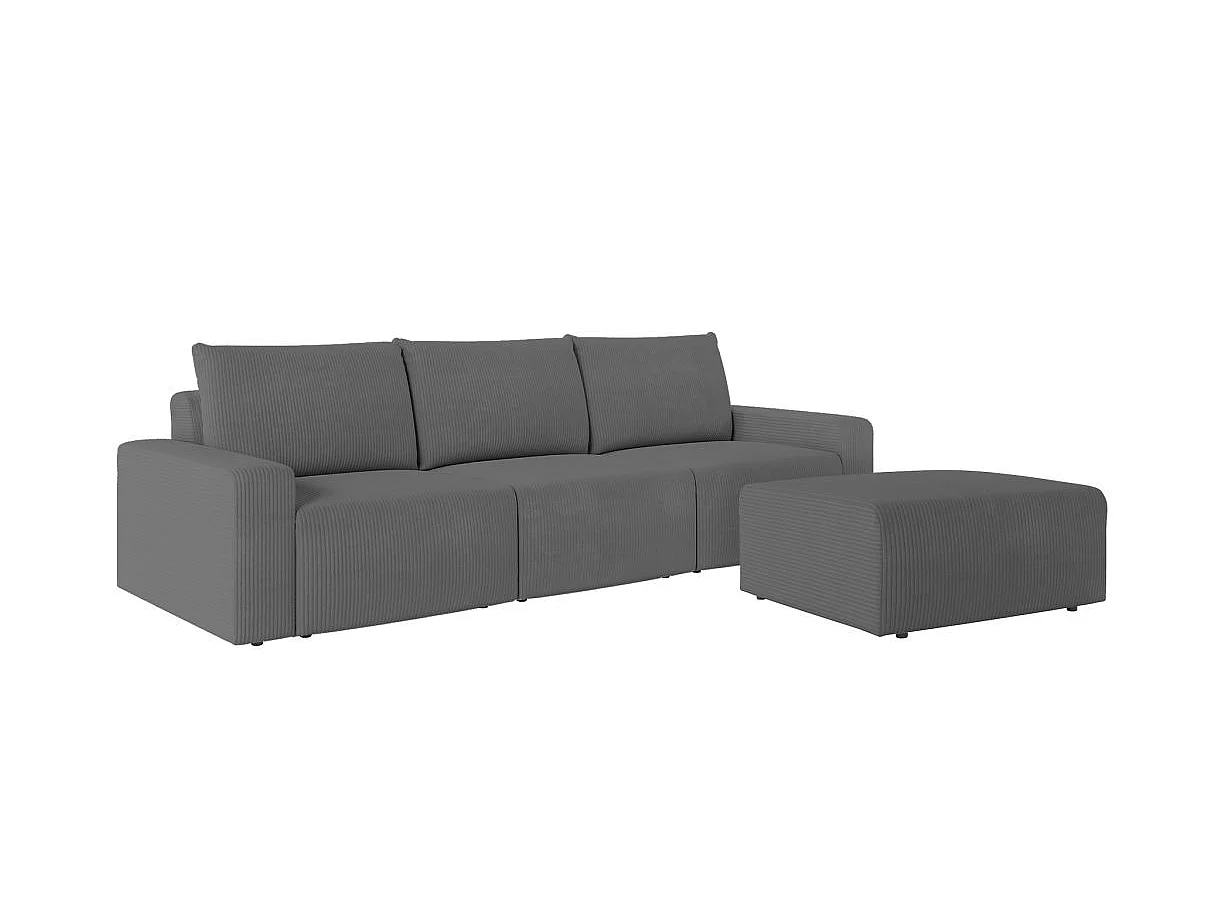 PACK - Canapé droit fixe 3 places ROMANE avec pouf en velours côtelé - Gris
