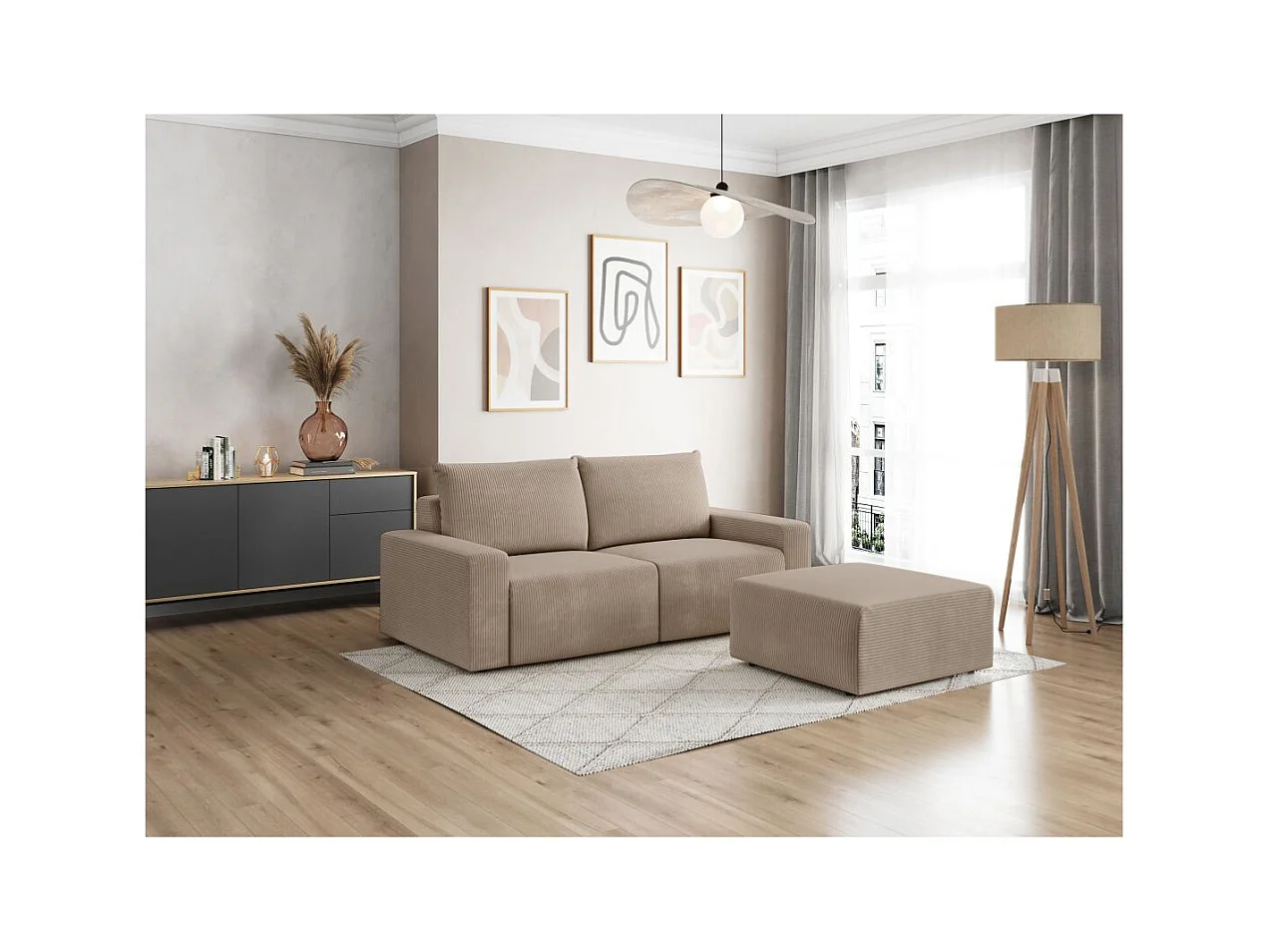 PACK - Canapé droit fixe 2 places ROMANE avec pouf en velours côtelé - Taupe