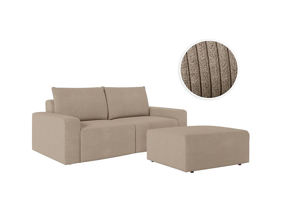 PACK - Canapé droit fixe 2 places ROMANE avec pouf en velours côtelé - Taupe