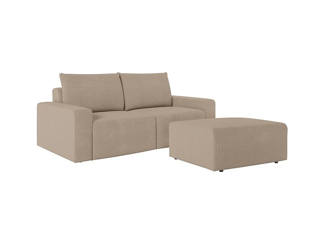 PACK - Canapé droit fixe 2 places ROMANE avec pouf en velours côtelé - Taupe