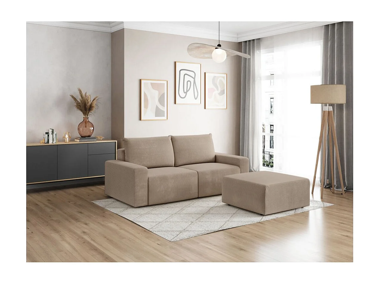 PACK - Canapé droit fixe 2 places ROMANE avec pouf en velours côtelé - Taupe